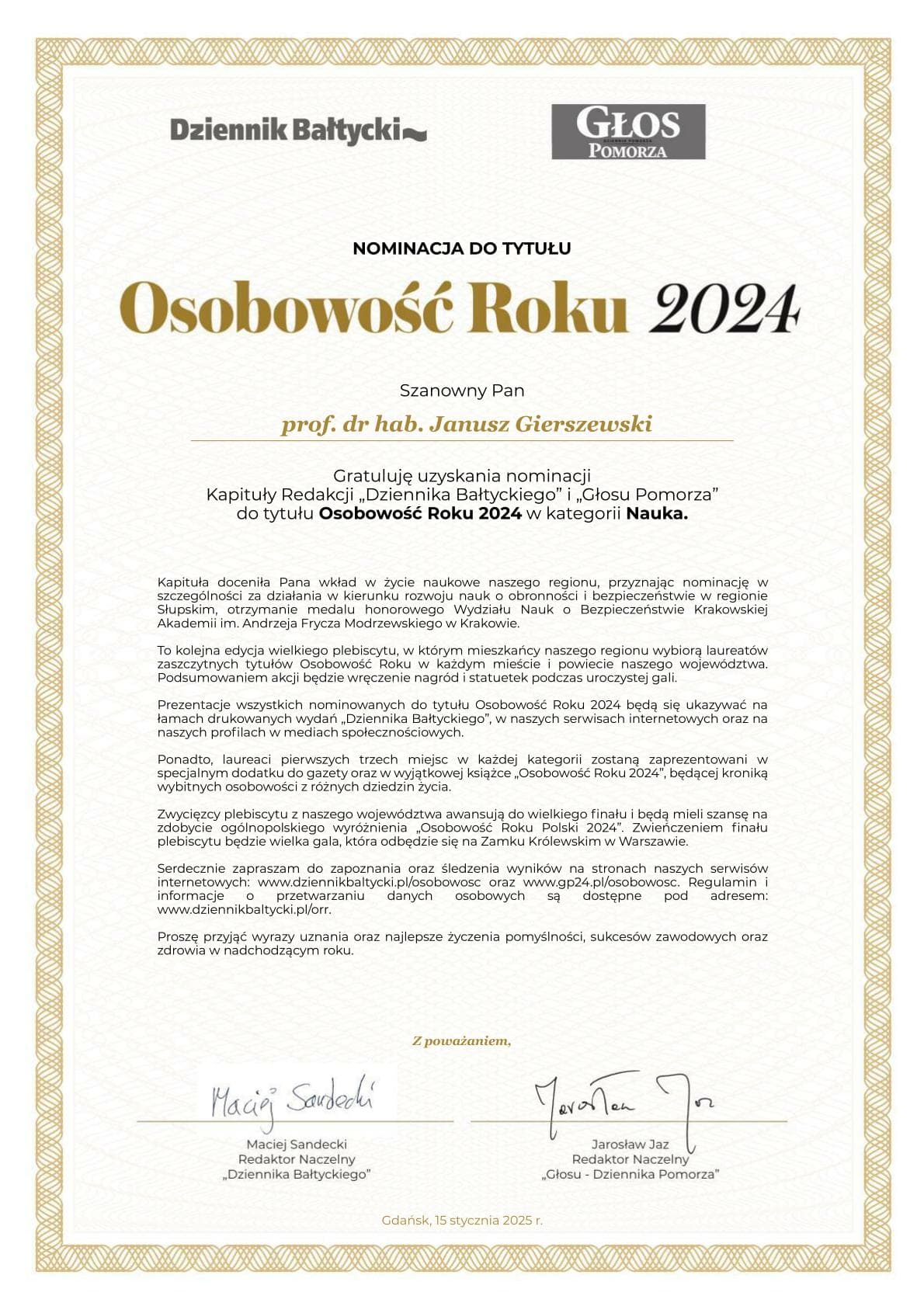 Gratulacje dla Profesora Janusza Gierszewskiego za nominację do tytułu Osobowość Roku 2024!